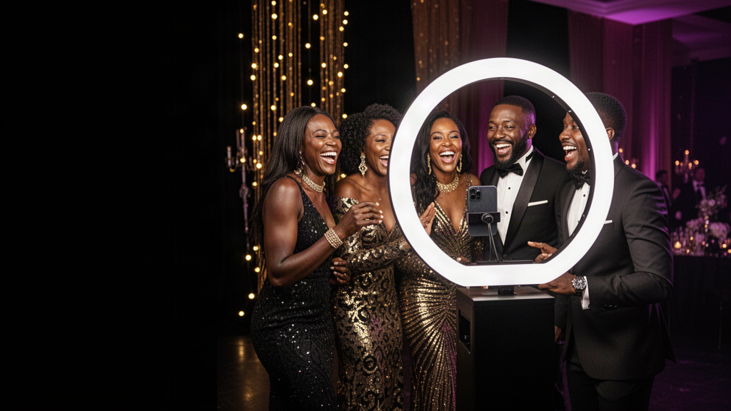 Black friends enjoying a luxury Vine Media photo booth experience